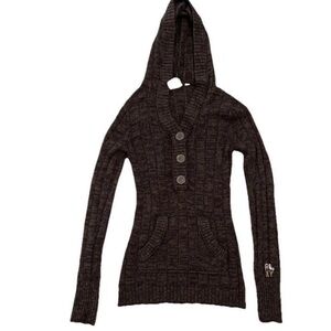 Vintage Roxy Womens S Brown Ribbed Hoodie Sweater Kangaroo Pocket Button 90s Y2K